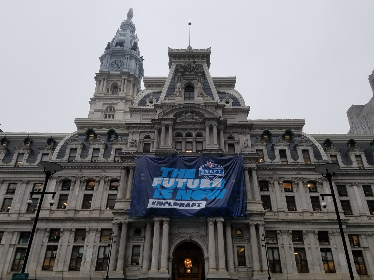 A Giant Banner of Philadelphia's City Hall Announces the Return of the NFL Draft A Giant Banner of Philadelphia's City Hall Announces the Return of the NFL Draft