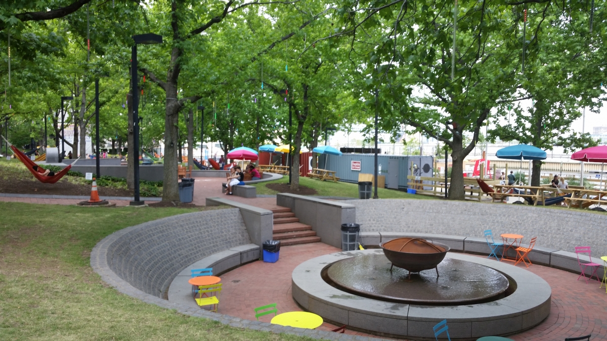 Hammocks and fire pit at Spruce Street Harbor Park Hammocks and fire pit at Spruce Street Harbor Park